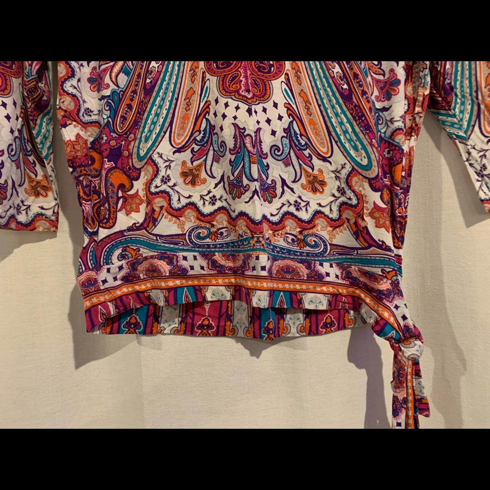 Chico’s 0 Boho, Paisley, Side Tie, Jersey Top - Picture 6 of 16